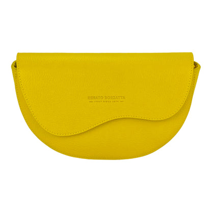 RB1027R | Women's rounded crossbody bag in genuine leather Made in Italy. Removable and adjustable leather shoulder strap. Polished Nickel Accessories - Yellow Color - Dimensions: 25 x 15 x 9 cm