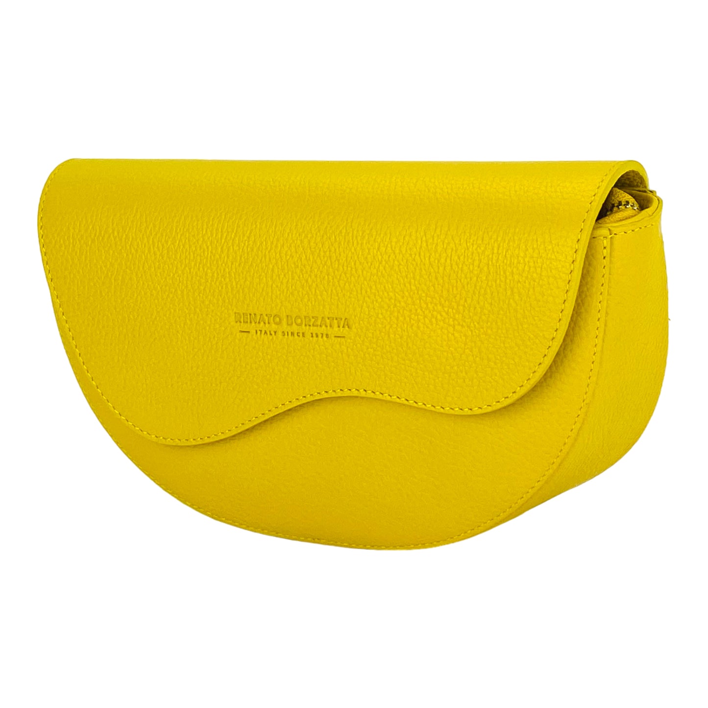 RB1027R | Women's rounded crossbody bag in genuine leather Made in Italy. Removable and adjustable leather shoulder strap. Polished Nickel Accessories - Yellow Color - Dimensions: 25 x 15 x 9 cm