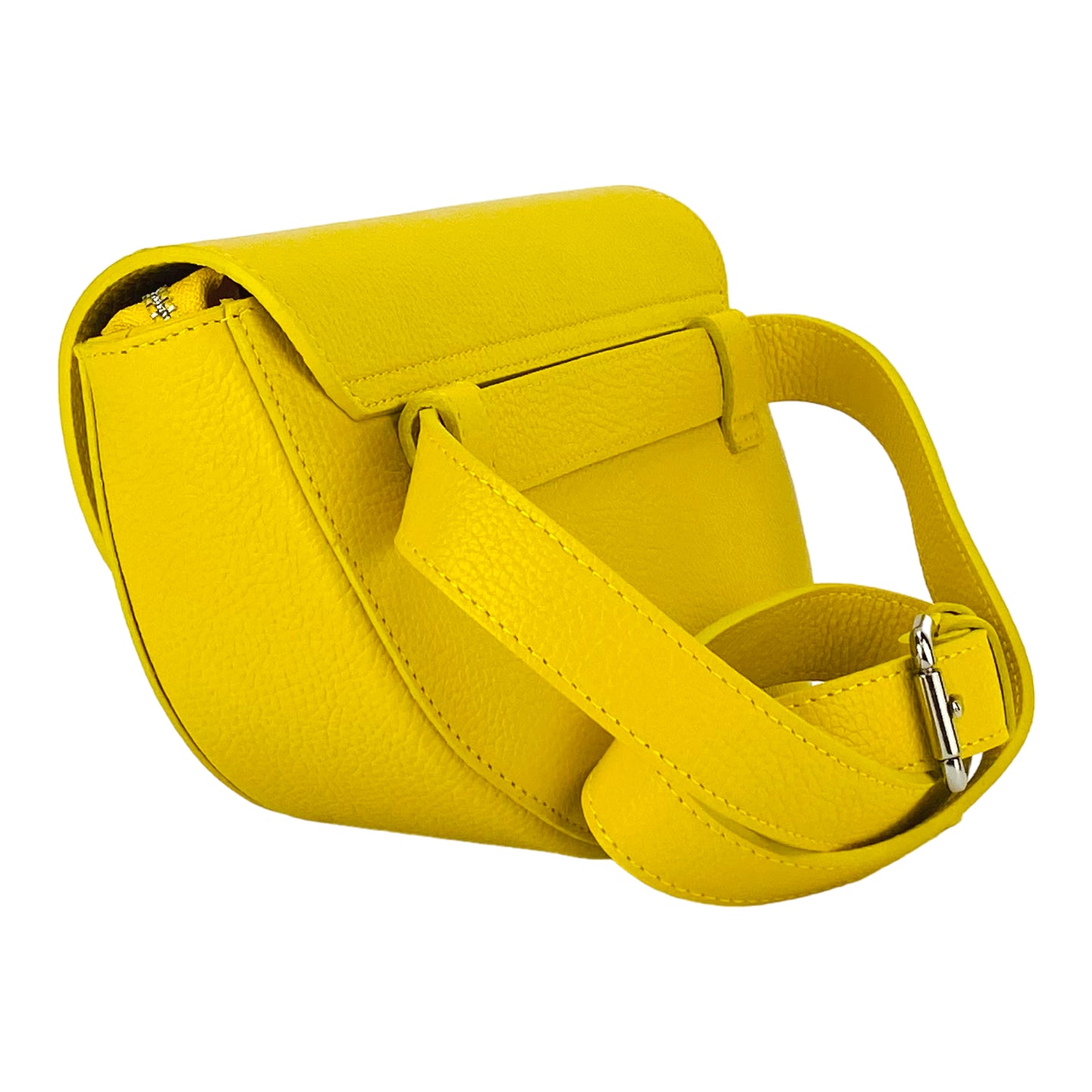 RB1027R | Women's rounded crossbody bag in genuine leather Made in Italy. Removable and adjustable leather shoulder strap. Polished Nickel Accessories - Yellow Color - Dimensions: 25 x 15 x 9 cm