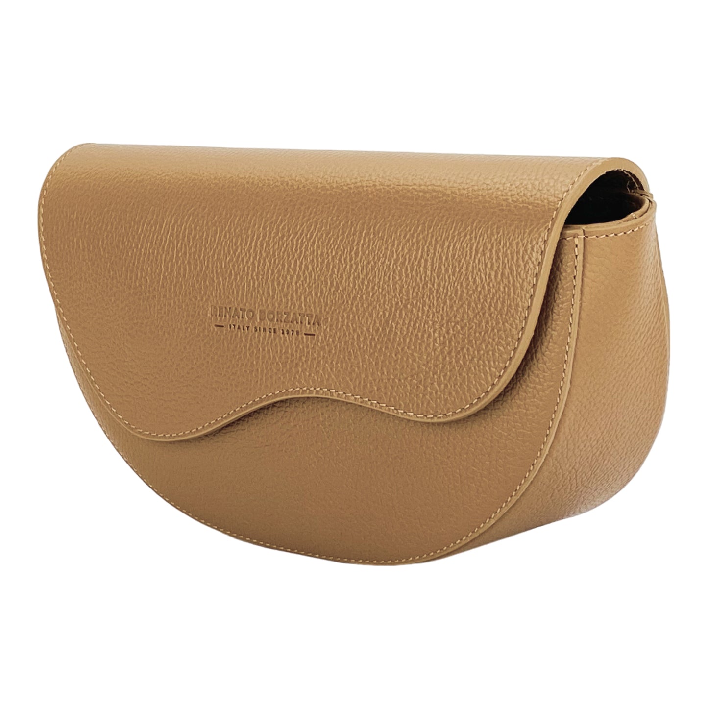 RB1027S | Borsa Donna a Bandoliera stondata in Vera Pelle Made in Italy. Tracolla removibile e regolabile in pelle. Accessori Nickel Lucido - Colore Cognac - Dimensioni: cm 25 x 15 x 9