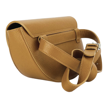 RB1027S | Women's rounded crossbody bag in genuine leather Made in Italy. Removable and adjustable leather shoulder strap. Accessories Polished Nickel - Cognac color - Dimensions: 25 x 15 x 9 cm