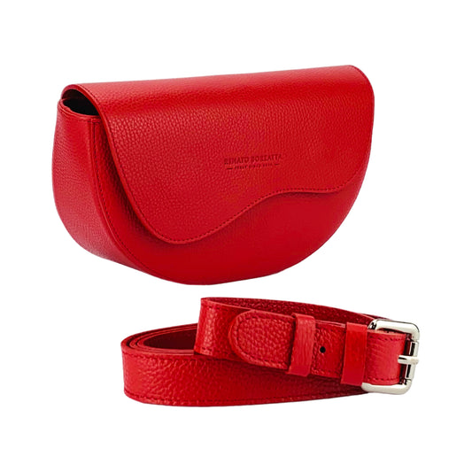 RB1027V | Borsa Donna a Bandoliera stondata in Vera Pelle Made in Italy. Tracolla removibile e regolabile in pelle. Accessori Nickel Lucido - Colore Rosso - Dimensioni: cm 25 x 15 x 9