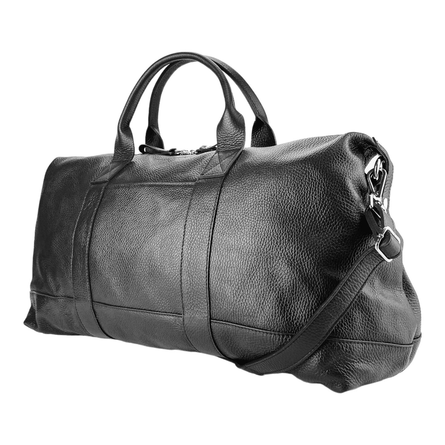 RB1029A | Borsone da Viaggio in Vera Pelle Made in Italy con Tracolla regolabile e removibile. Chiusura con lampo e Accessori in metallo Nickel Lucido - Colore Nero - Dimensioni: cm 57 x 26 x 24