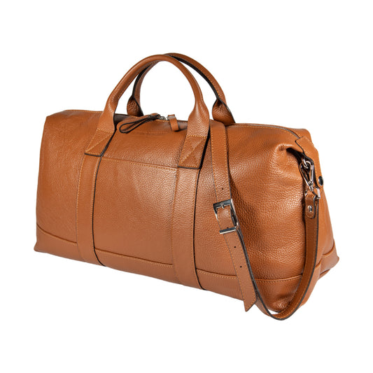 RB1029S | Genuine Leather Travel Bag Made in Italy with Adjustable and Removable Shoulder Strap. Zip Closure and Polished Nickel Metal Accessories - Cognac Color - Dimensions: cm 57 x 26 x 24