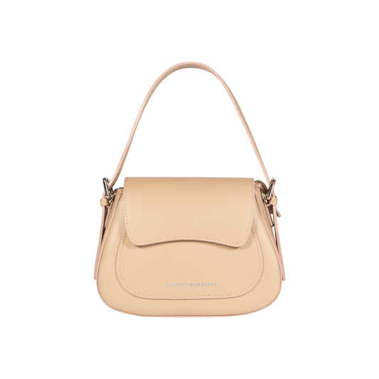 RB1030AL | EMMA Women's Shoulder Bag with Flap in Genuine Leather Made in Italy. Shiny Silver Metal Accessories - Beige Color - Dimensions: cm 24 x 18 x 9 + 14.5 (Handle Drop)
