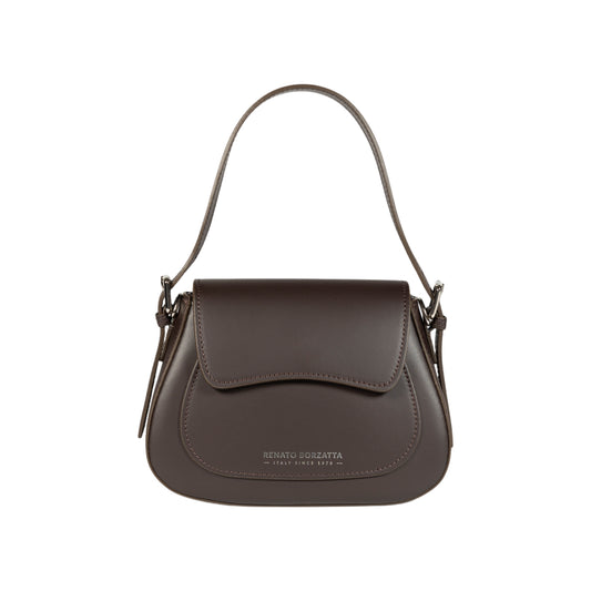 RB1030B | EMMA Women's Shoulder Bag with Flap in Genuine Leather Made in Italy. Shiny Silver Metal Accessories - Dark Brown Color - Dimensions: cm 24 x 18 x 9 + 14.5 (Handle Drop)