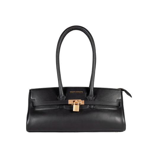 RB1033A | Borsa a Spalla Donna ARIANNA in Vera Pelle Morbida Sauvage Made in Italy. Accessori in metallo Oro Opaco. Colore Nero. Dimensioni: cm 34 x 15 x 16 + 20 (Luce manici)