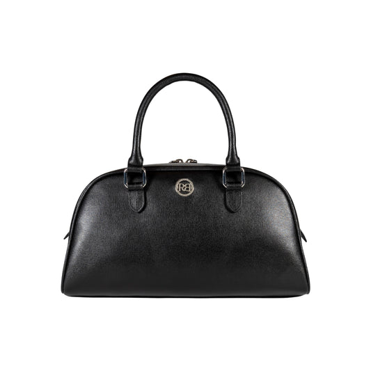 RB1034A | Borsa Bowling da Donna VIRGINIA in Vera Pelle Saffiano Made in Italy. Accessori in metallo Argento Lucido. Colore Nero. Dimensioni: cm 35 x 19 x 14,5 + 12 (Luce manici)