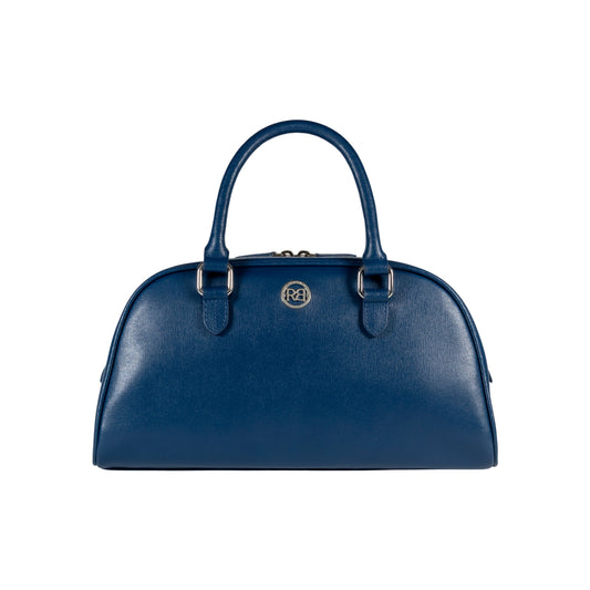 RB1034D | Borsa Bowling da Donna VIRGINIA in Vera Pelle Saffiano Made in Italy. Accessori in metallo Argento Lucido. Colore Blu. Dimensioni: cm 35 x 19 x 14,5 + 12 (Luce manici)