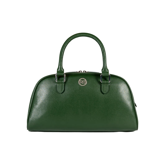 RB1034E | Borsa Bowling da Donna VIRGINIA in Vera Pelle Saffiano Made in Italy. Accessori in metallo Argento Lucido. Colore Verde. Dimensioni: cm 35 x 19 x 14,5 + 12 (Luce manici)