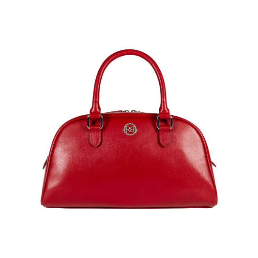 RB1034V | Borsa Bowling da Donna VIRGINIA in Vera Pelle Saffiano Made in Italy. Accessori in metallo Argento Lucido. Colore Rosso. Dimensioni: cm 35 x 19 x 14,5 + 12 (Luce manici)