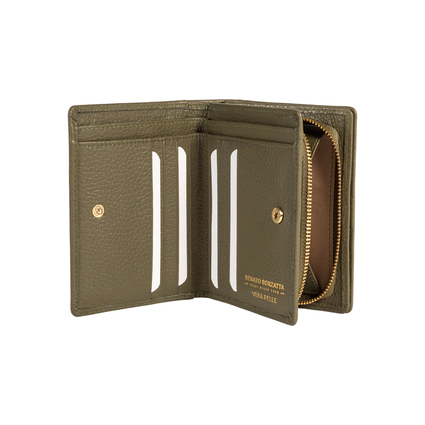 RB1080GAG | Portafogli Donna Made in Italy in Vera Pelle grana Dollaro. Colore Verde Oliva. Dimensioni (da chiuso): cm 13 x 9 x 2,5