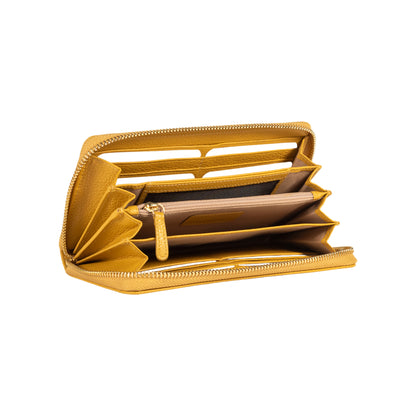 RB1081GAR | Portafogli Donna con chiusura lampo Made in Italy in Vera Pelle grana Dollaro. Colore Senape. Dimensioni: cm 20 x 10 x 2,5