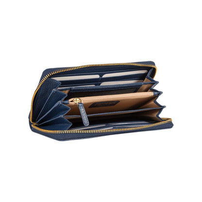 RB1081GD | Portafogli Donna con chiusura lampo Made in Italy in Vera Pelle grana Dollaro. Colore Blu. Dimensioni: cm 20 x 10 x 2,5