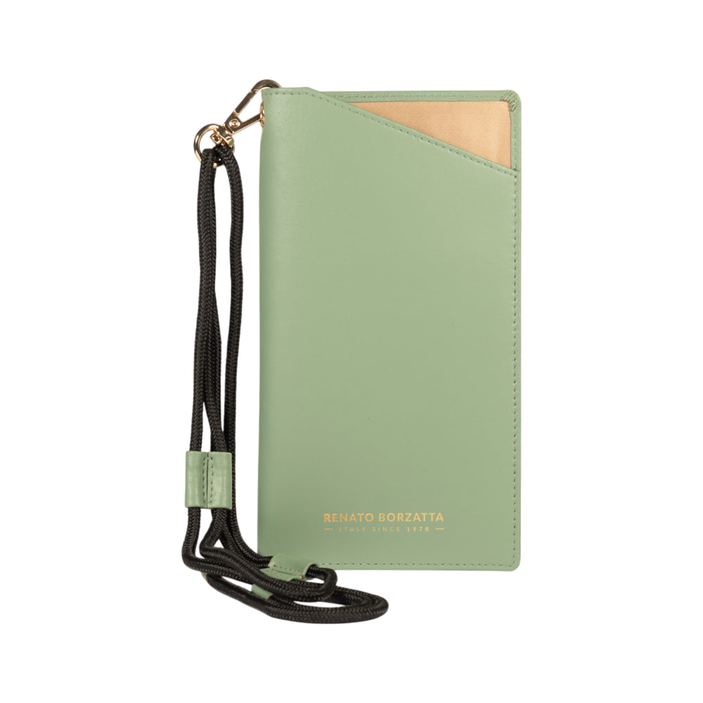 RB1087BF | Porta Occhiali/Smartphone con Tracollina Made in Italy in Vera Pelle Liscia Opaca. Colore Menta