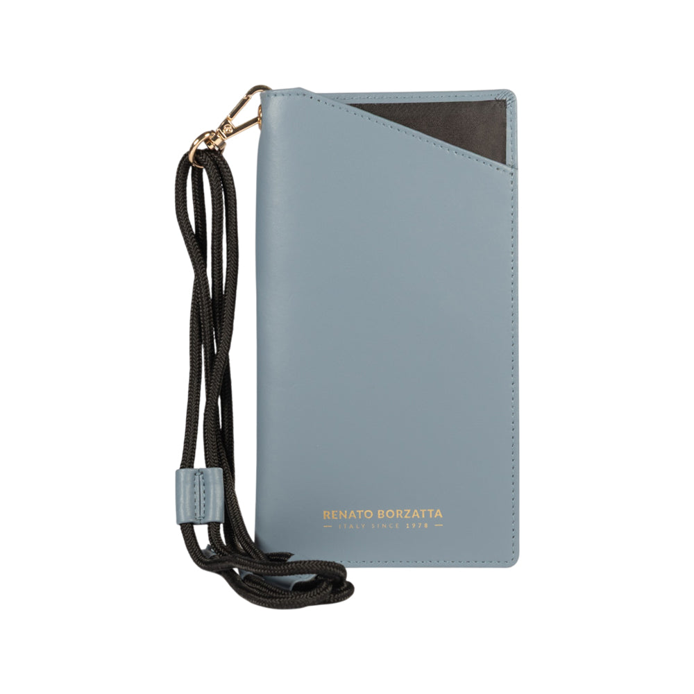RB1087P | Porta Occhiali/Smartphone con Tracollina Made in Italy in Vera Pelle Liscia Opaca. Colore Avio