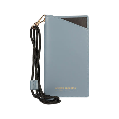 RB1087P | Porta Occhiali/Smartphone con Tracollina Made in Italy in Vera Pelle Liscia Opaca. Colore Avio