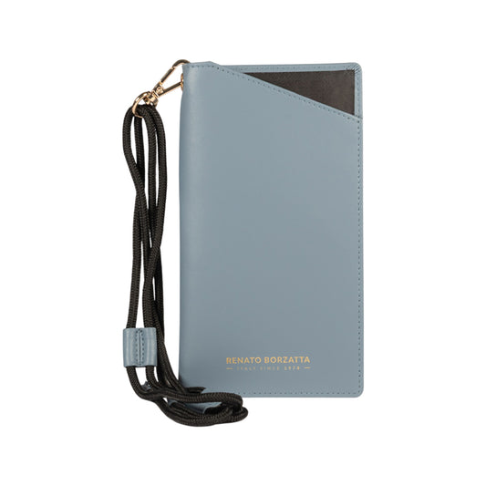 RB1087P | Porta Occhiali/Smartphone con Tracollina Made in Italy in Vera Pelle Liscia Opaca. Colore Avio