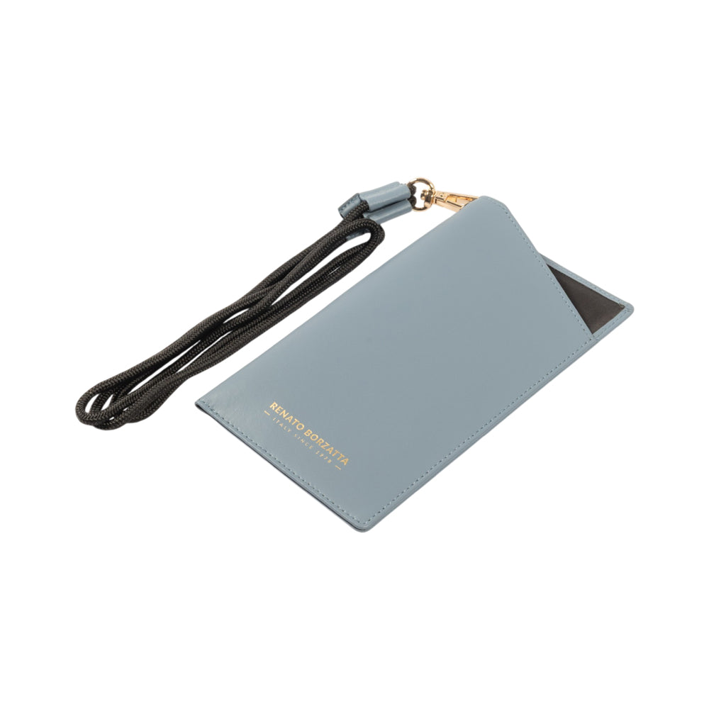 RB1087P | Porta Occhiali/Smartphone con Tracollina Made in Italy in Vera Pelle Liscia Opaca. Colore Avio