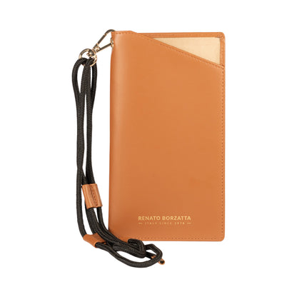 RB1087S | Porta Occhiali/Smartphone con Tracollina Made in Italy in Vera Pelle Liscia Opaca. Colore Cognac
