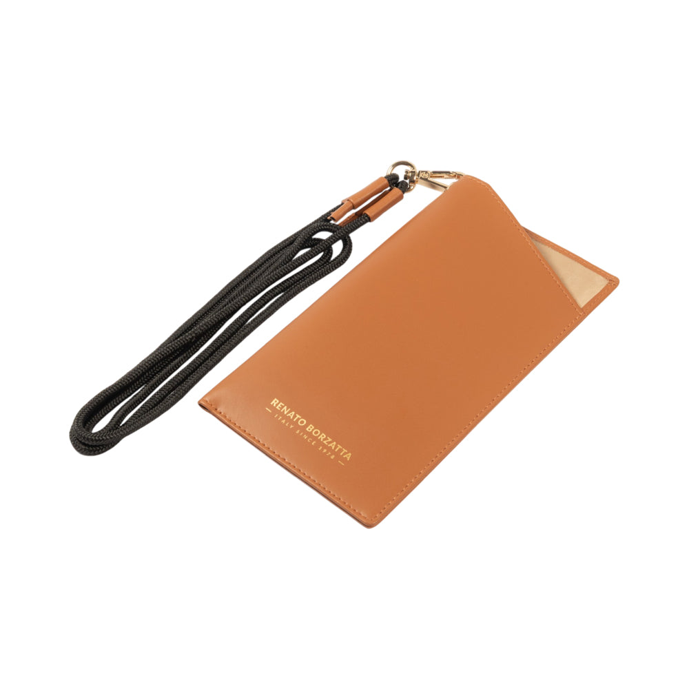 RB1087S | Porta Occhiali/Smartphone con Tracollina Made in Italy in Vera Pelle Liscia Opaca. Colore Cognac