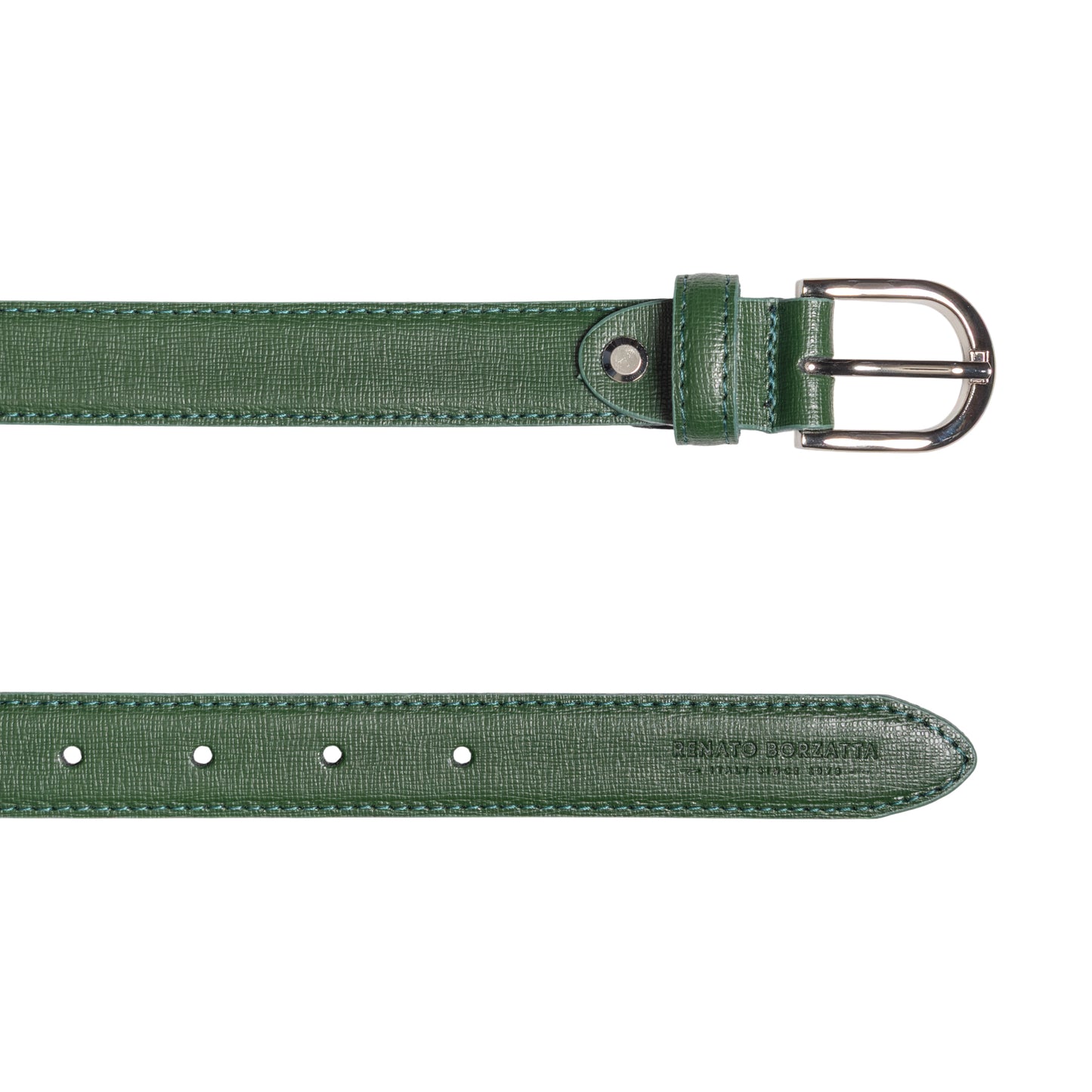 RB4016E | Cintura Donna Made in Italy in Vera Pelle Saffiano. Fibbia in finitura Argento Lucido. Colore Verde. Dimensioni: cm 115 x 2,5 x 0,5 (giro vita cm 100)