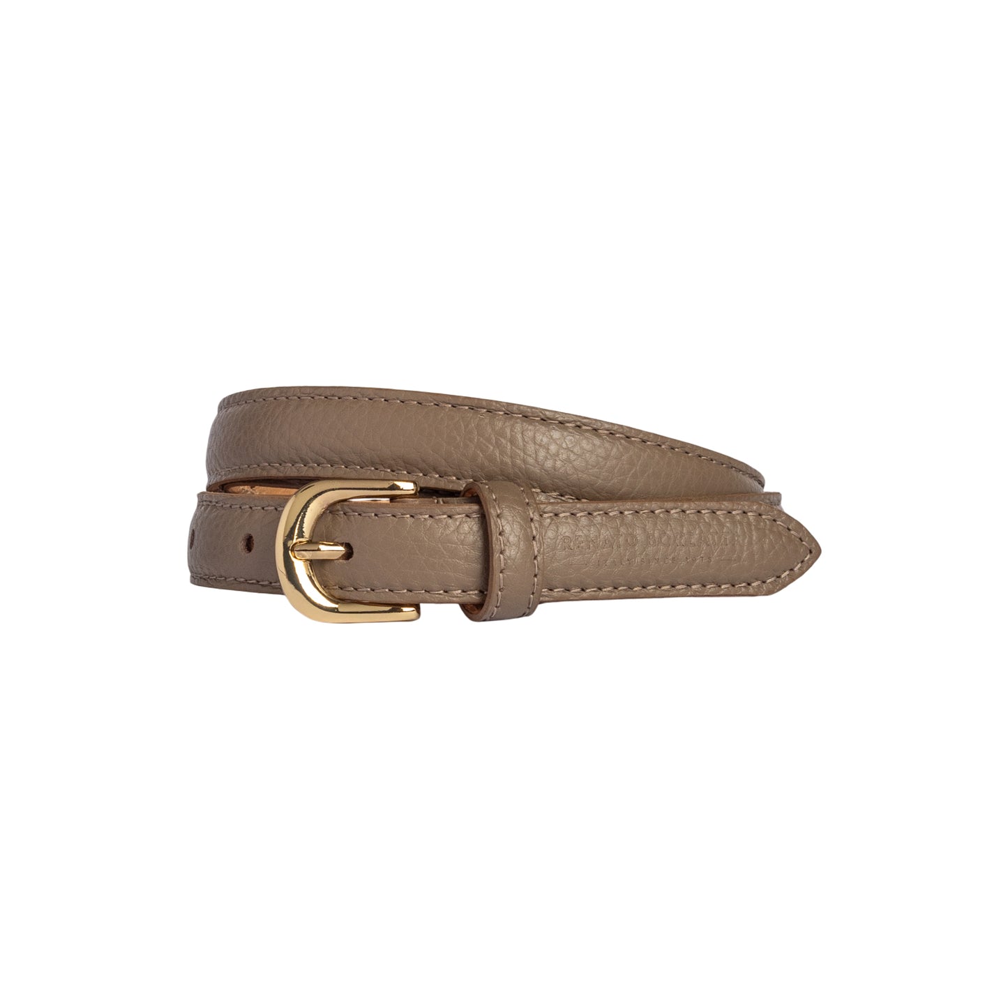 RB4021AQ | Cintura Donna Made in Italy in Vera Pelle grana Dollaro. Fibbia in finitura Oro Lucido. Colore Taupe. Dimensioni: cm 115 x 2,0 x 0,5 (giro vita cm 100)