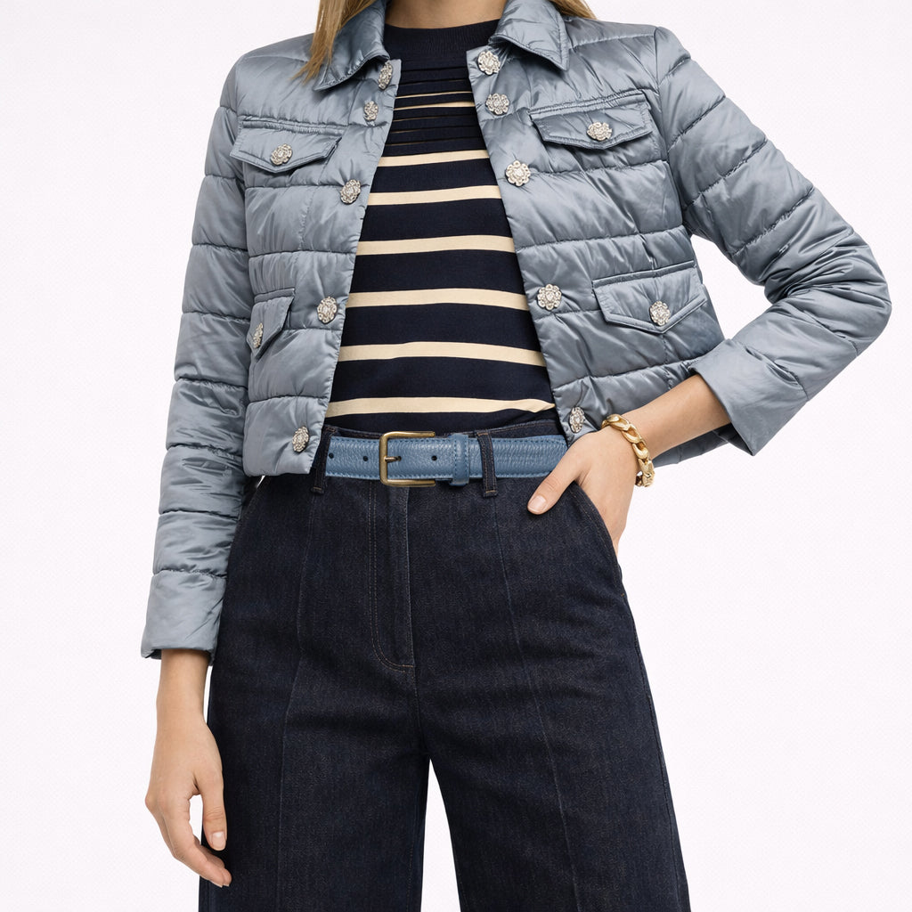 RB4023P | Cintura Donna Made in Italy in Vera Pelle grana Dollaro. Fibbia in finitura Oro Lucido. Colore Avio. Dimensioni: cm 115 x 3,0 x 0,5 (giro vita cm 100)