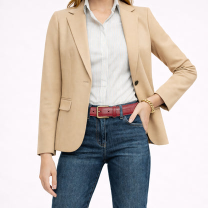 RB4023Q | Cintura Donna Made in Italy in Vera Pelle grana Dollaro. Fibbia in finitura Oro Lucido. Colore Rubino. Dimensioni: cm 115 x 3,0 x 0,5 (giro vita cm 100)