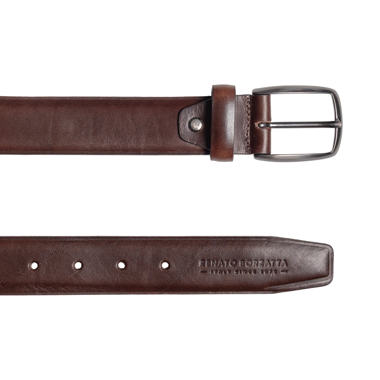 RB4025B | Cintura Uomo Made in Italy in Vero Cuoio Conciato al Vegetale. Fibbia in finitura Canna di Fucile Satinato. Colore Testa Moro. Dimensioni: cm 125 x 3,5 x 0,5 (giro vita cm 110)