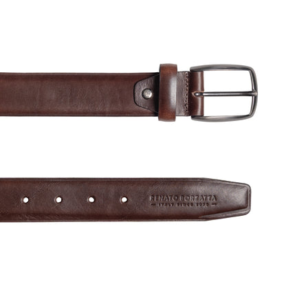 RB4025B | Cintura Uomo Made in Italy in Vero Cuoio Conciato al Vegetale. Fibbia in finitura Canna di Fucile Satinato. Colore Testa Moro. Dimensioni: cm 125 x 3,5 x 0,5 (giro vita cm 110)