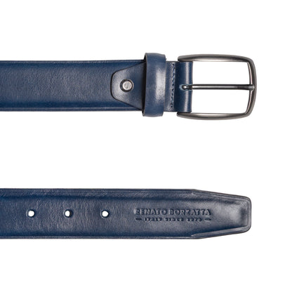 RB4025D | Cintura Uomo Made in Italy in Vero Cuoio Conciato al Vegetale. Fibbia in finitura Canna di Fucile Satinato. Colore Blu. Dimensioni: cm 125 x 3,5 x 0,5 (giro vita cm 110)