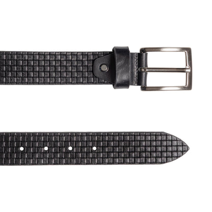 RB4028A | Cintura Uomo con Stampa Allover Made in Italy in Vero Cuoio Conciato al Vegetale. Fibbia in finitura Argento Satinato. Colore Nero. Dimensioni: cm 125 x 3,5 x 0,5 (giro vita cm 110)