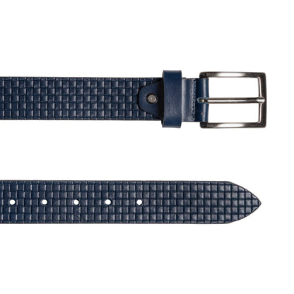 RB4028D | Cintura Uomo con Stampa Allover Made in Italy in Vero Cuoio Conciato al Vegetale. Fibbia in finitura Argento Satinato. Colore Blu. Dimensioni: cm 125 x 3,5 x 0,5 (giro vita cm 110)