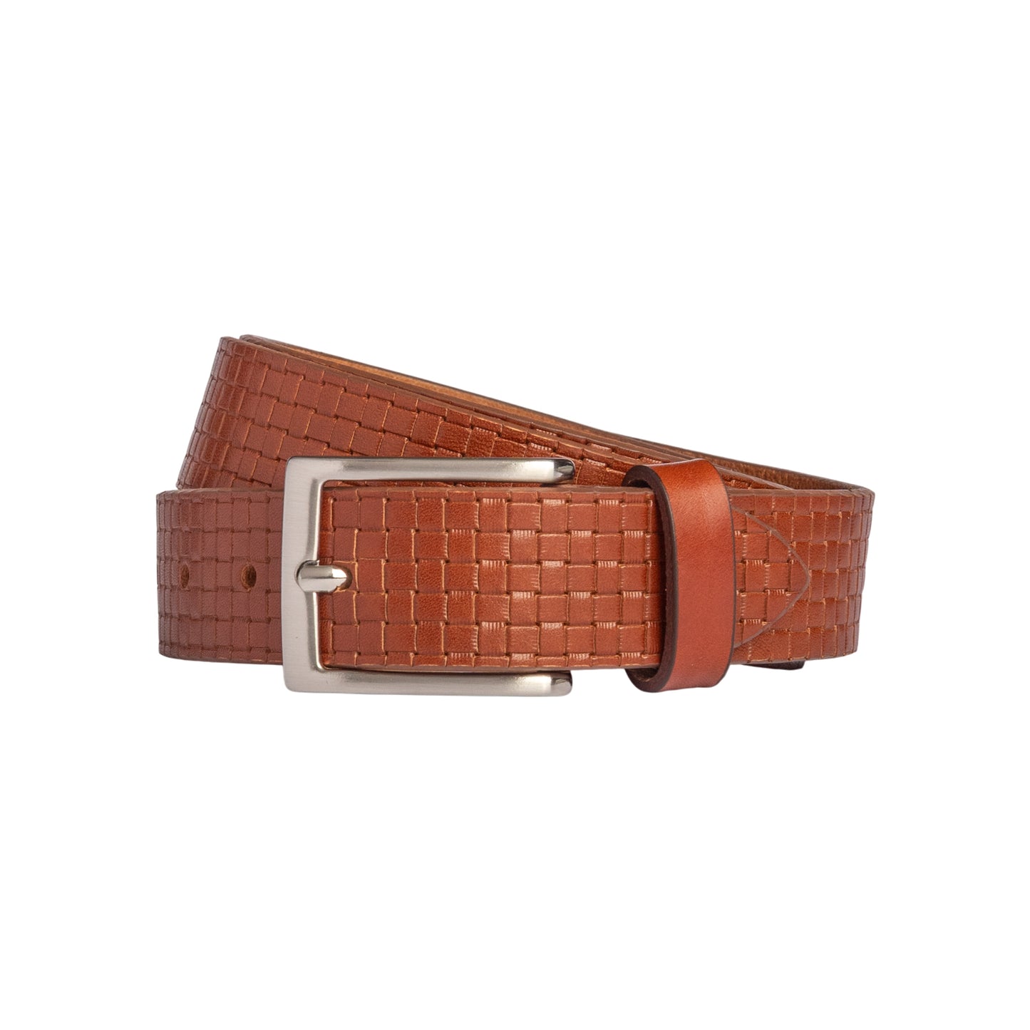 RB4028S | Cintura Uomo con Stampa Allover Made in Italy in Vero Cuoio Conciato al Vegetale. Fibbia in finitura Argento Satinato. Colore Cognac. Dimensioni: cm 125 x 3,5 x 0,5 (giro vita cm 110)