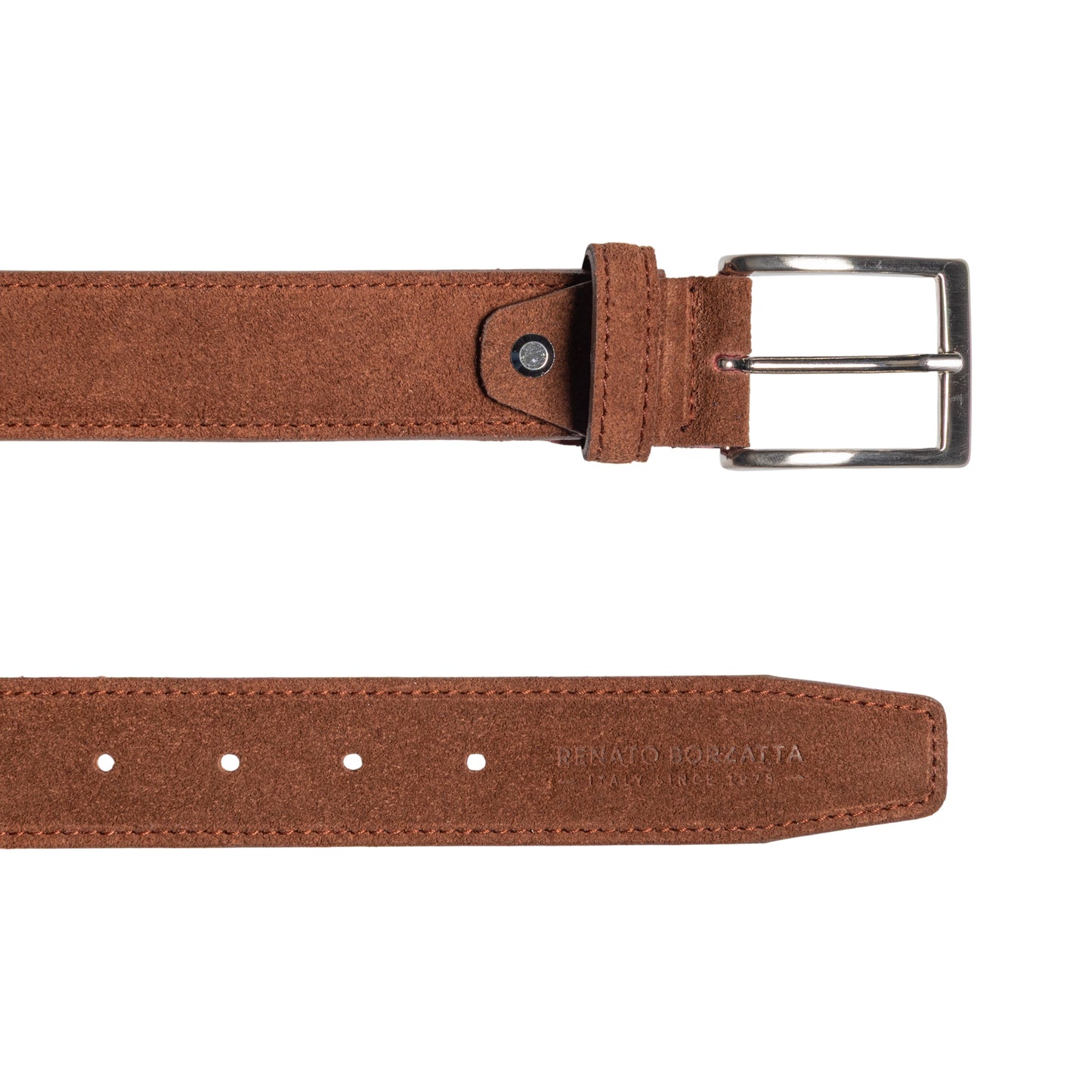 RB4029CZ | Cintura Uomo Made in Italy in Vera Pelle Scamosciata. Fibbia in finitura Argento Satinato. Colore Bruciato. Dimensioni: cm 125 x 3,5 x 0,5 (giro vita cm 110)