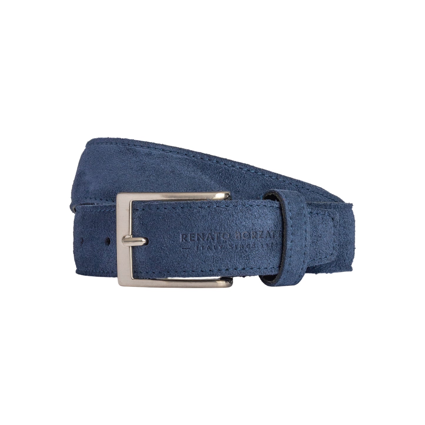 RB4029D | Cintura Uomo Made in Italy in Vera Pelle Scamosciata. Fibbia in finitura Argento Satinato. Colore Blu. Dimensioni: cm 125 x 3,5 x 0,5 (giro vita cm 110)