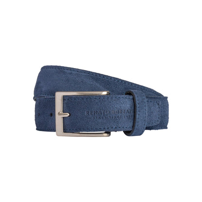 RB4029D | Cintura Uomo Made in Italy in Vera Pelle Scamosciata. Fibbia in finitura Argento Satinato. Colore Blu. Dimensioni: cm 125 x 3,5 x 0,5 (giro vita cm 110)