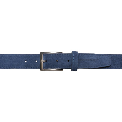 RB4029D | Cintura Uomo Made in Italy in Vera Pelle Scamosciata. Fibbia in finitura Argento Satinato. Colore Blu. Dimensioni: cm 125 x 3,5 x 0,5 (giro vita cm 110)