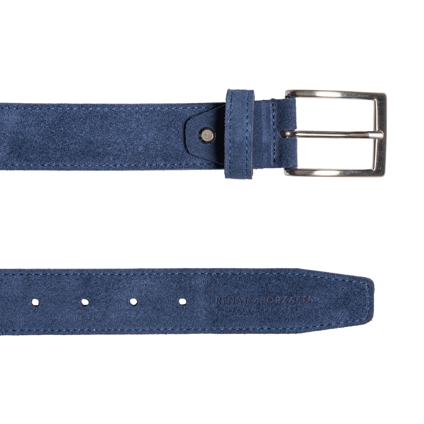 RB4029D | Cintura Uomo Made in Italy in Vera Pelle Scamosciata. Fibbia in finitura Argento Satinato. Colore Blu. Dimensioni: cm 125 x 3,5 x 0,5 (giro vita cm 110)