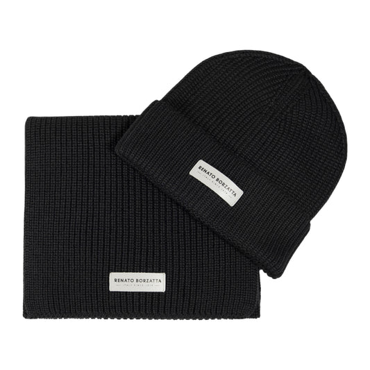 RB5004A | CERVINO Wool Blend Knit Scarf and Hat Set Made in Italy. Black - One Size