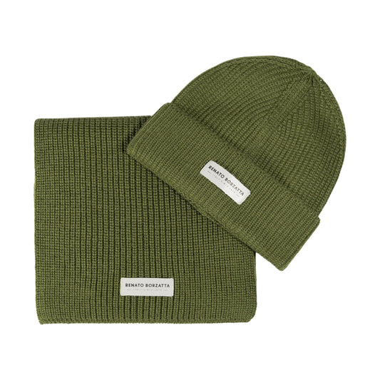 RB5004E | CERVINO Wool Blend Knit Scarf and Hat Set Made in Italy. Green - One Size