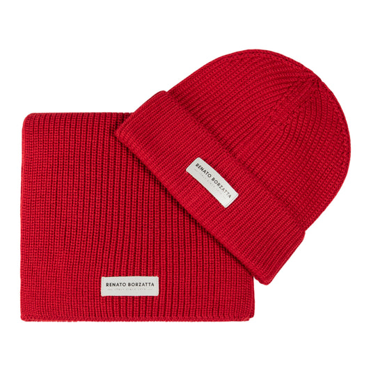RB5004V | CERVINO Wool Blend Knit Scarf and Hat Set Made in Italy. Red - One Size