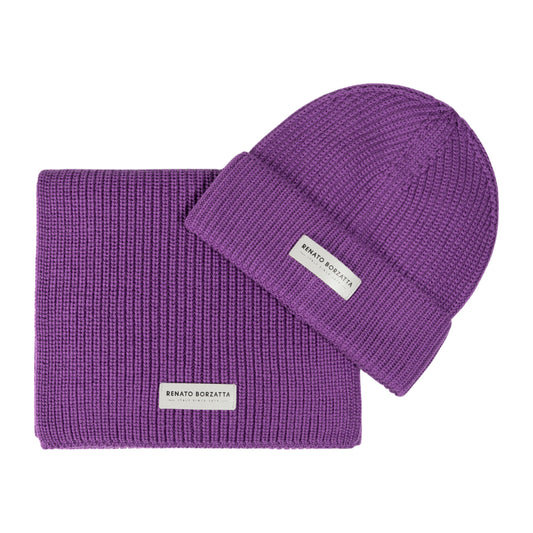 RB5004Y | CERVINO Wool Blend Knit Scarf and Hat Set Made in Italy. Purple - One Size