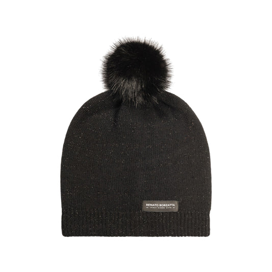 RB5006A | SAINT MORITZ - Berretto da Donna in Maglia Rasata a Doppio Strato con Pompon Made in Italy. Colore Nero