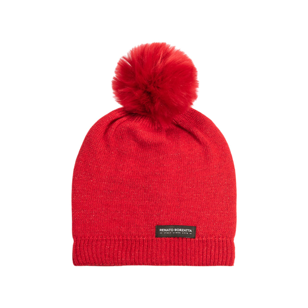 RB5006V | SAINT MORITZ - Berretto da Donna in Maglia Rasata a Doppio Strato con Pompon Made in Italy. Colore Rosso