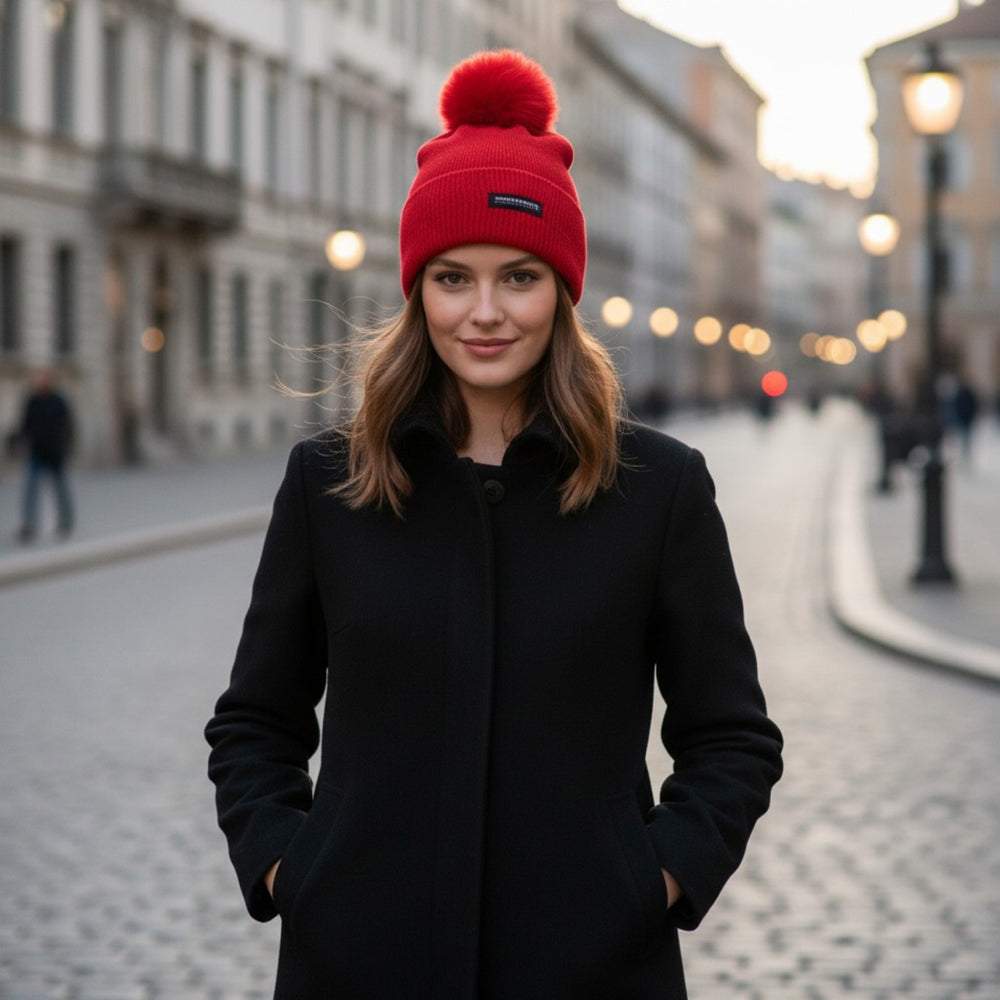 RB5006V | SAINT MORITZ - Berretto da Donna in Maglia Rasata a Doppio Strato con Pompon Made in Italy. Colore Rosso