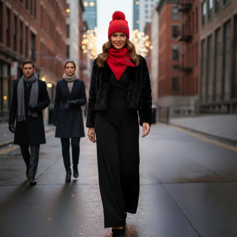 RB5006V | SAINT MORITZ - Berretto da Donna in Maglia Rasata a Doppio Strato con Pompon Made in Italy. Colore Rosso