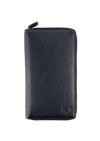 K0005AB | Travel document holder in genuine full grain leather, dollar grain - Black color - Dimensions: 12.5 x 22 x 2 cm - Packaging: TNT bag