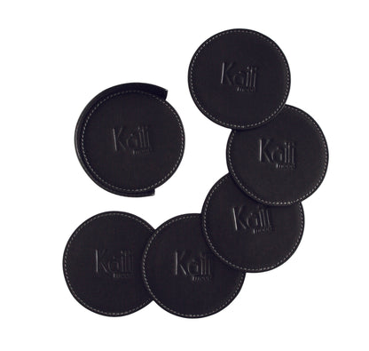 K0007AB | 6-piece glass coaster set in smooth, full-grain genuine leather. Dimensions of coasters: ø 9 cm, Dimensions of coasters: ø 9 x 3.0 cm. Packaging: TNT bag